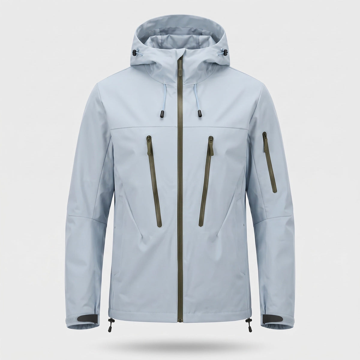 Lichtblauwe regenjas met capuchon en ritszakken, getoond op onzichtbare mannequin | Boutique Moda