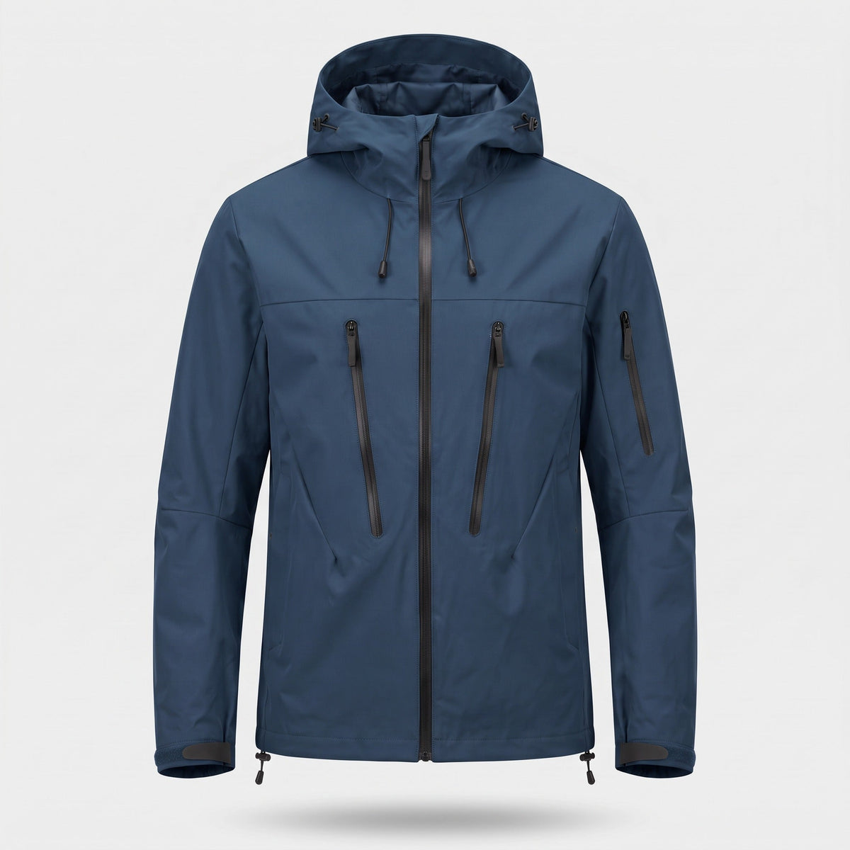 Donkerblauwe regenjas met capuchon en ritszakken, los uitgestald getoond | Boutique Moda