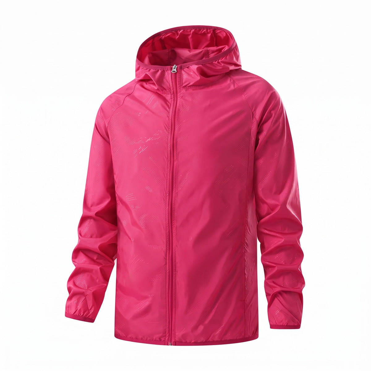Roze ultralichte jas met capuchon en rits, uitgestald op lege achtergrond | Boutique Moda