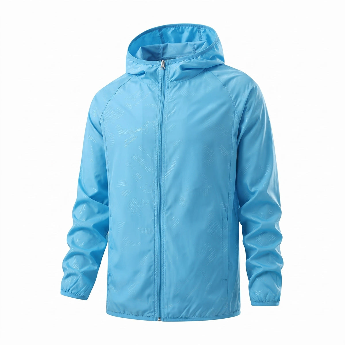 Lichtblauwe jas met capuchon en rits, los liggend getoond | Boutique Moda