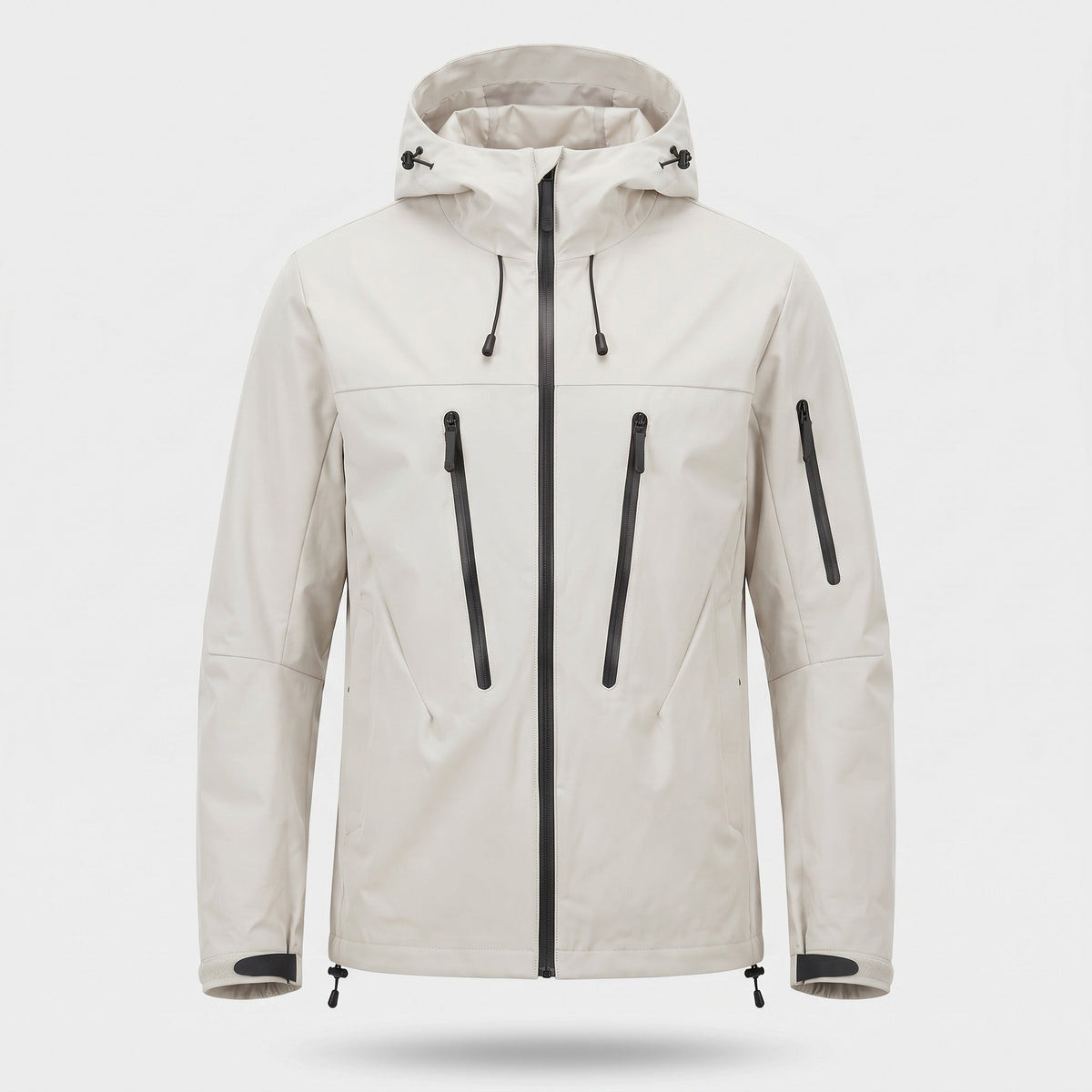 Beige regenjas met capuchon en ritszakken, los uitgelicht | Boutique Moda