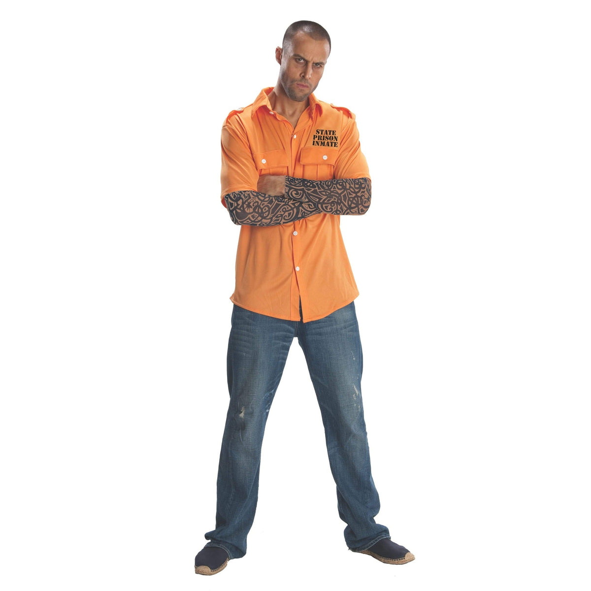 Gevangene Kostuum Heren | Oranje Shirt | Tattoo Mouwen