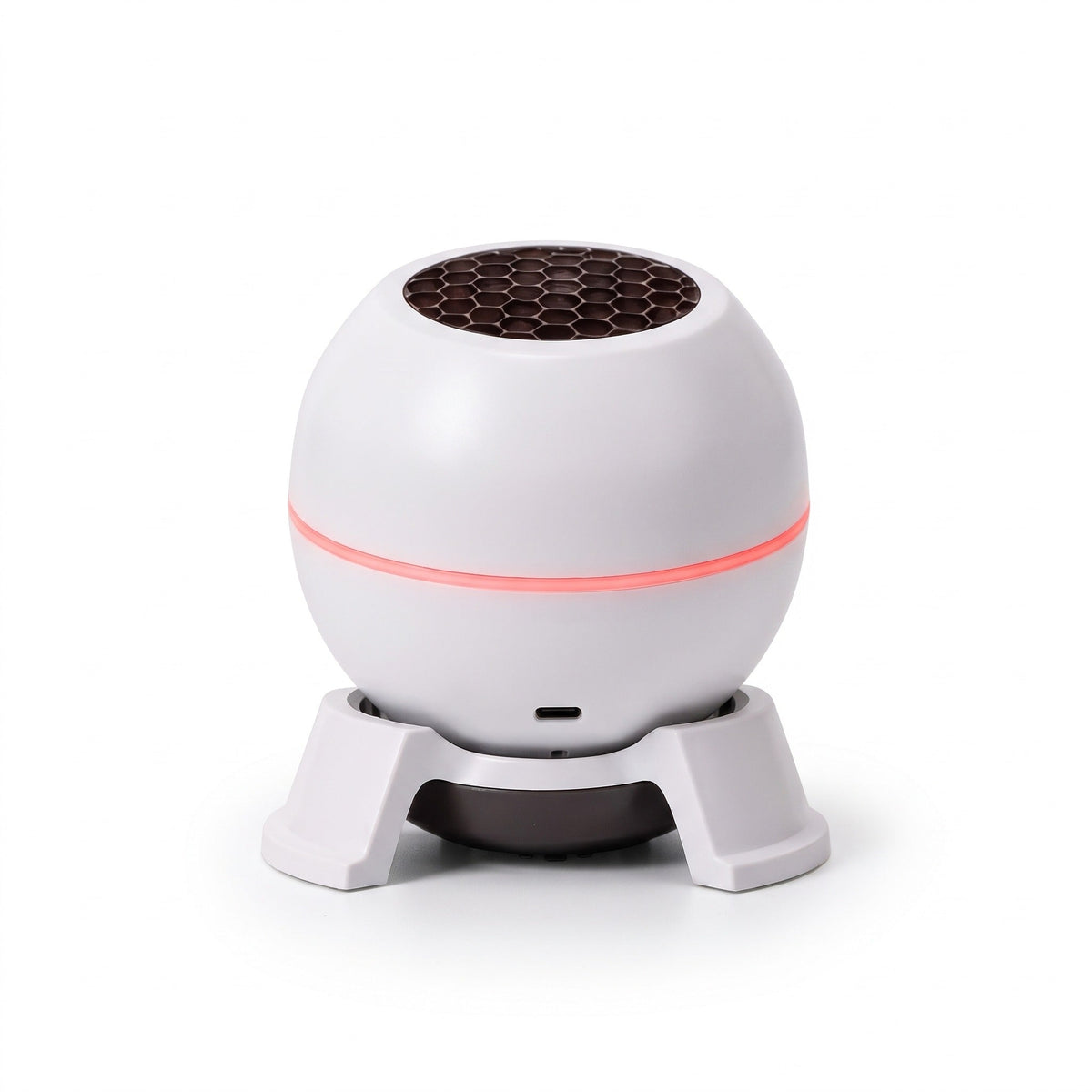 Witte bolvormige lichtprojector met roze lichtrand op standaard, vrijstaand | Boutique Moda