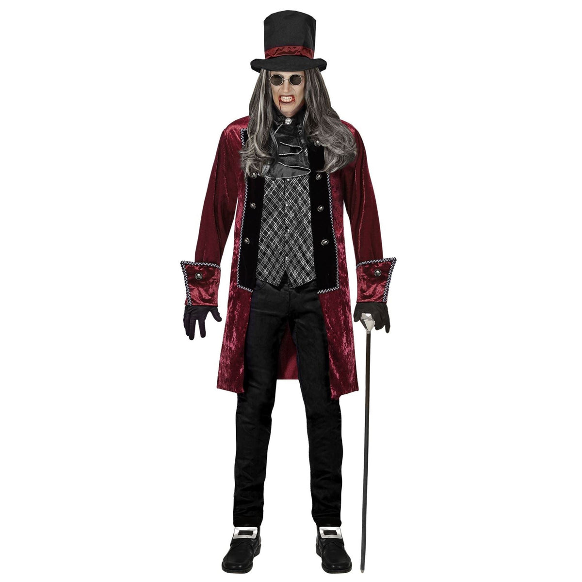 Dracula Kostuum | Bordeauxrode Jas | Gilet | Jabot | Hoge Hoed