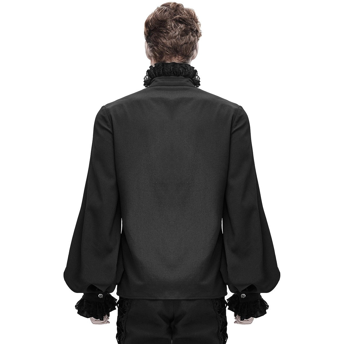 Zwart overhemd met kanten kraag en pofmouwen, gedragen door model, achteraanzicht | Boutique Moda