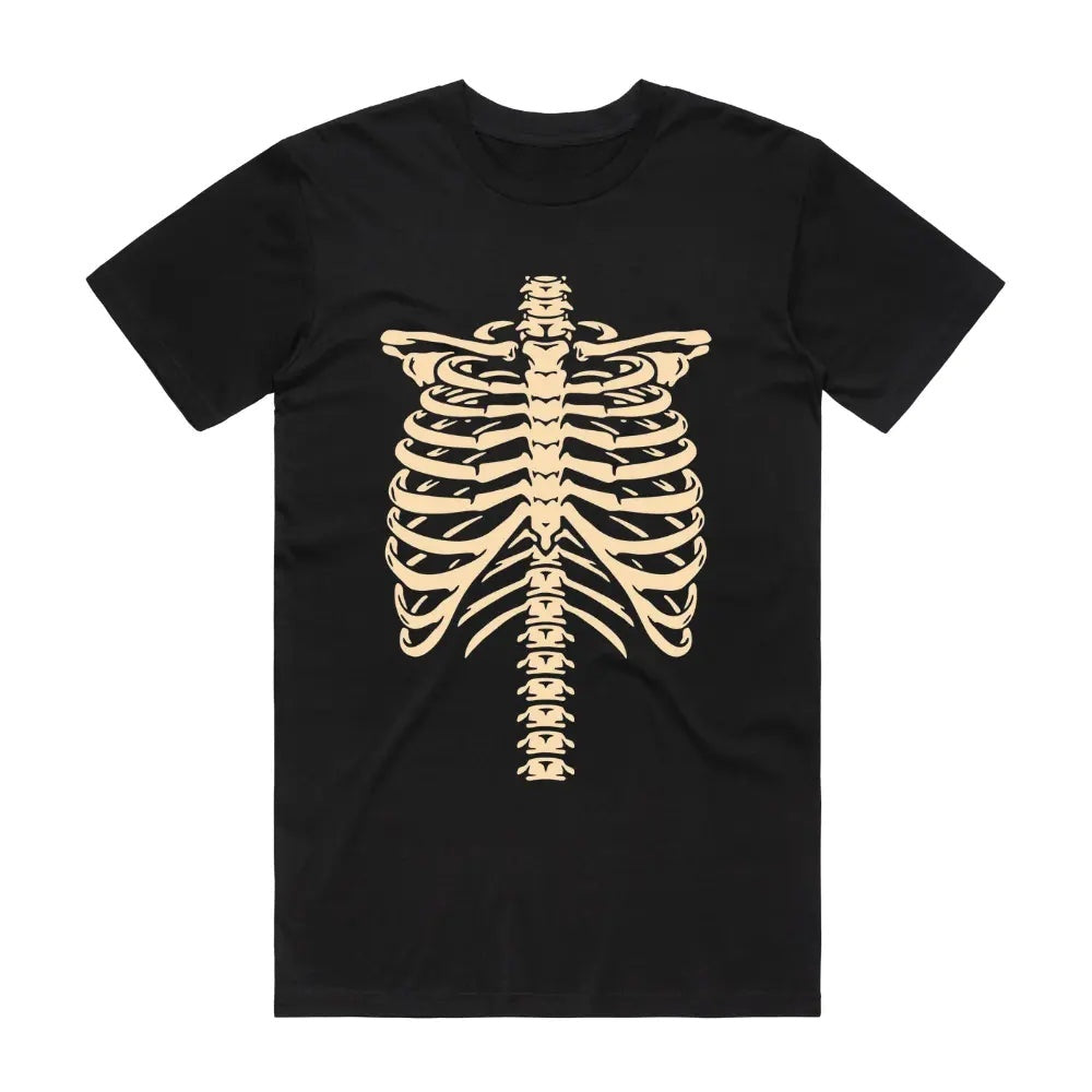 Zwart T-shirt met ribbenkast skeletprint, plat gefotografeerd, Halloween ontwerp | Boutique Moda
