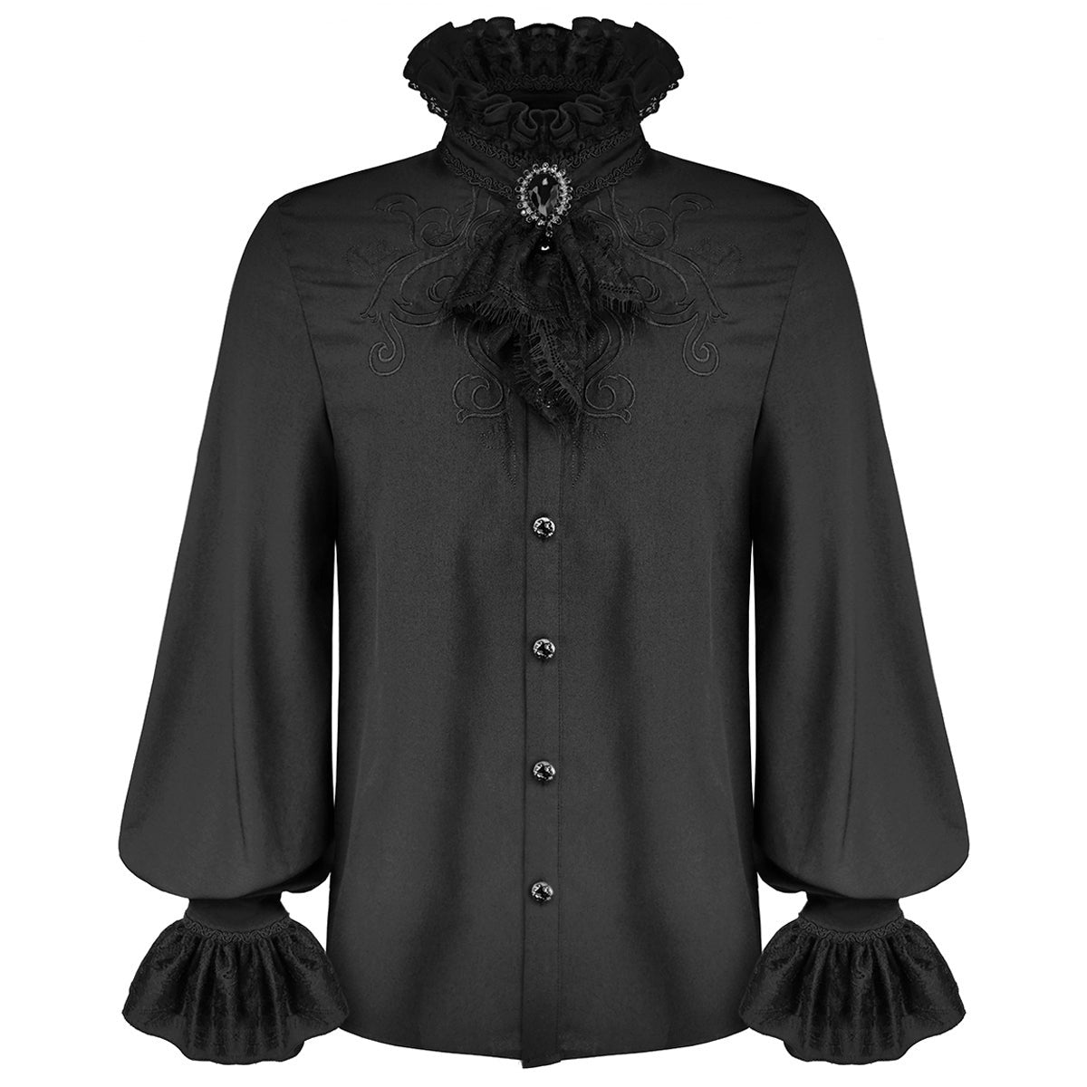 Zwart gothic overhemd met kanten kraag, broche en geborduurde details, uitgestald | Boutique Moda