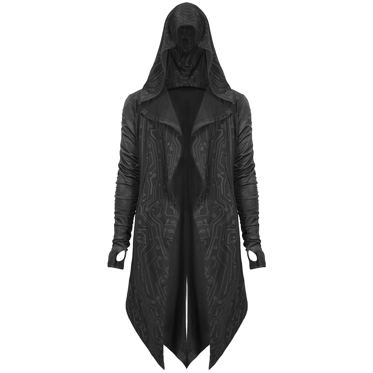 Zwarte lange mantel met capuchon, subtiele print, gedragen door een persoon | Boutique Moda