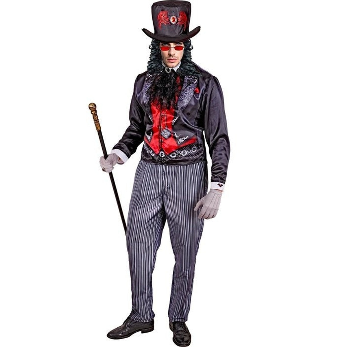 Gothic Vampier Kostuum | Slipjas | Krijtstreepbroek | Hoge Hoed | Jabot