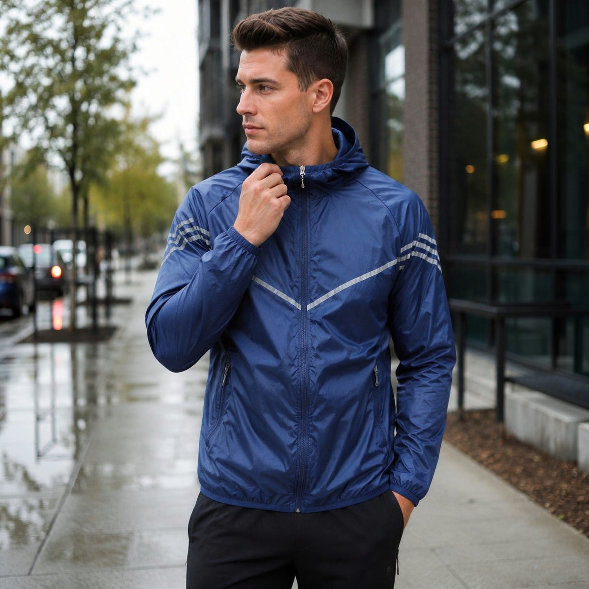 Man draagt blauwe waterdichte hardloopjas met capuchon op natte straat buiten | Boutique Moda