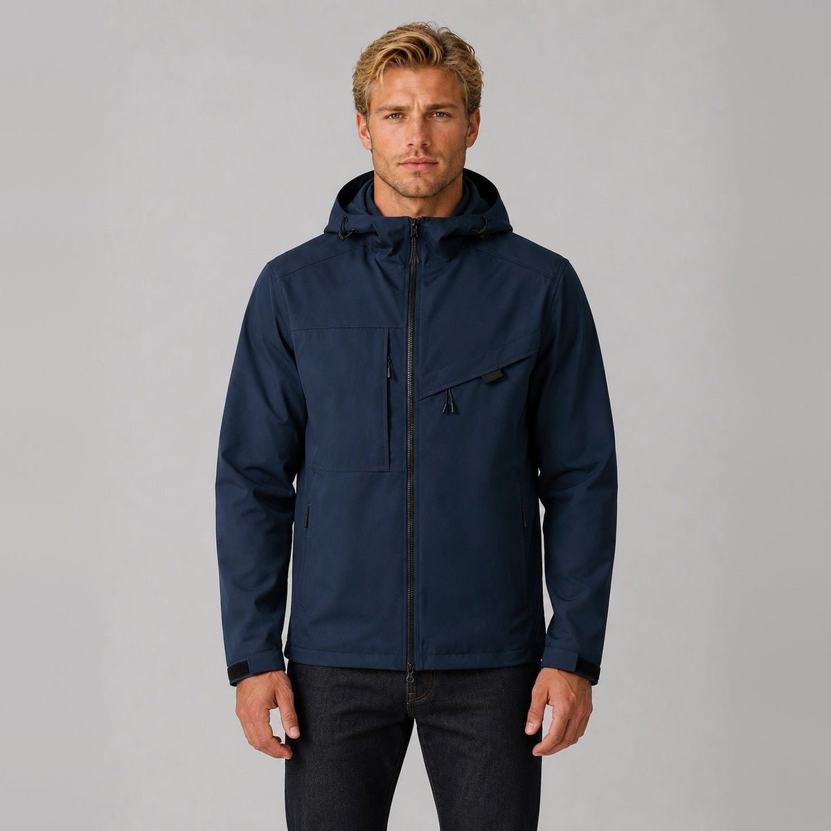 Donkerblauwe outdoorjas met capuchon en ritszakken, gedragen door man | Boutique Moda