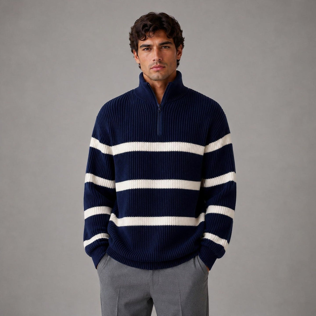 Gestreepte Trui met Rits Heren | Ribgebreid | Oversized | Opstaande Kraag