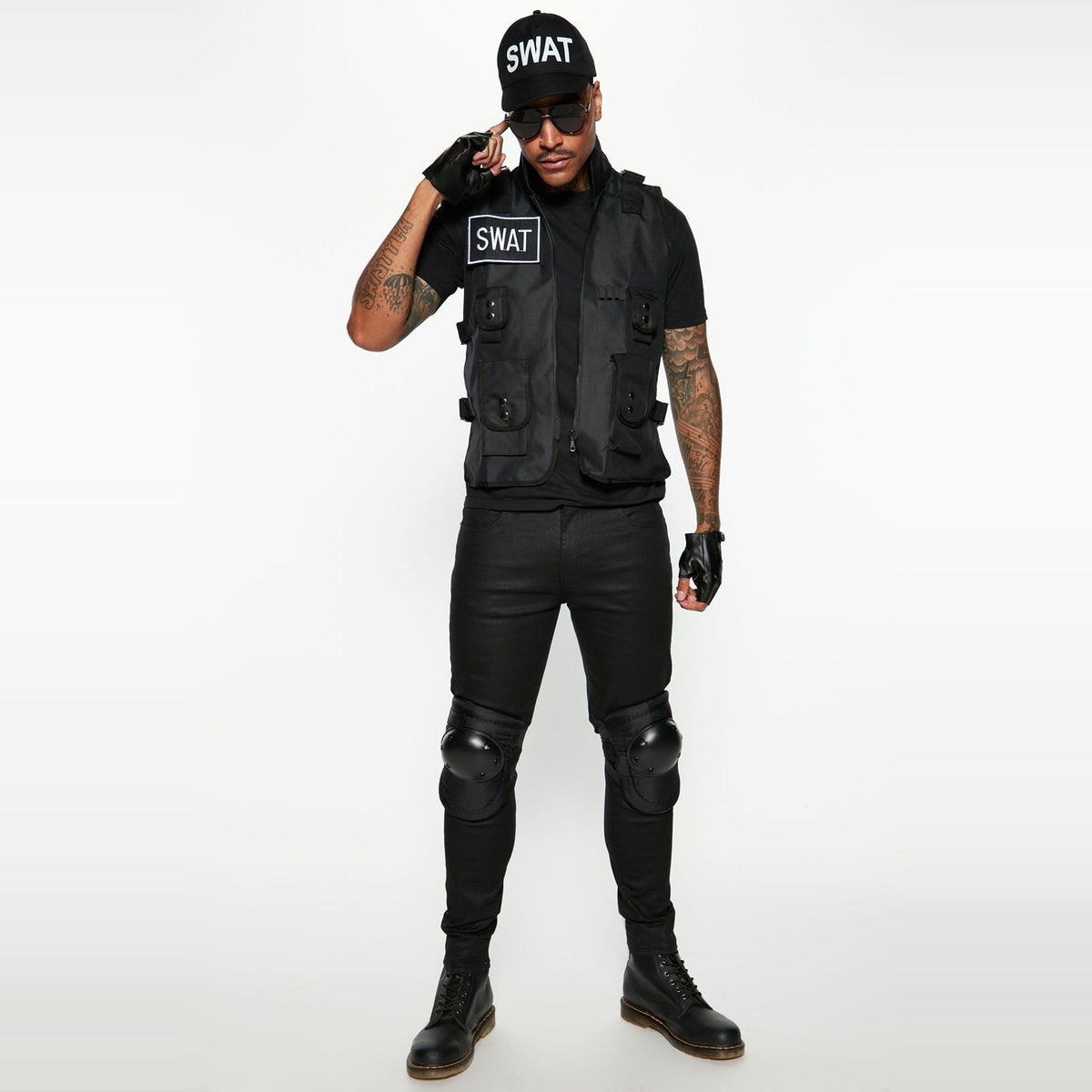 SWAT Kostuum Heren | Tactisch Vest | Pet | Handschoenen | Kniebeschermers