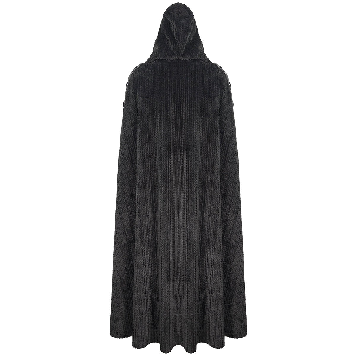 Zwarte gothic cape met capuchon, achteraanzicht, gedragen door persoon | Boutique Moda