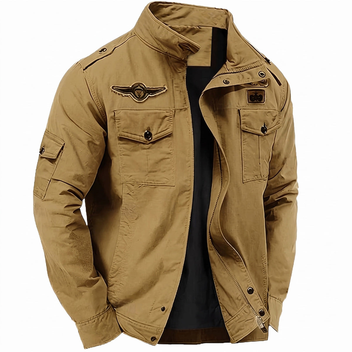 Kakikleurige militaire jas met opstaande kraag, zakken en schouderepauletten, los liggend | Boutique Moda