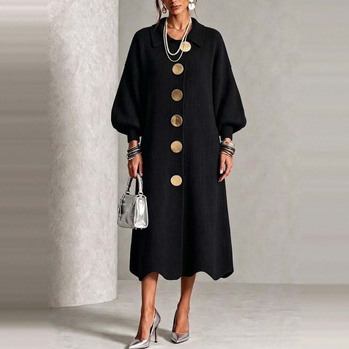 Gebreide Jurk Dames met Knopen | Ballonmouwen | Golvende Zoom | 7 Kleuren