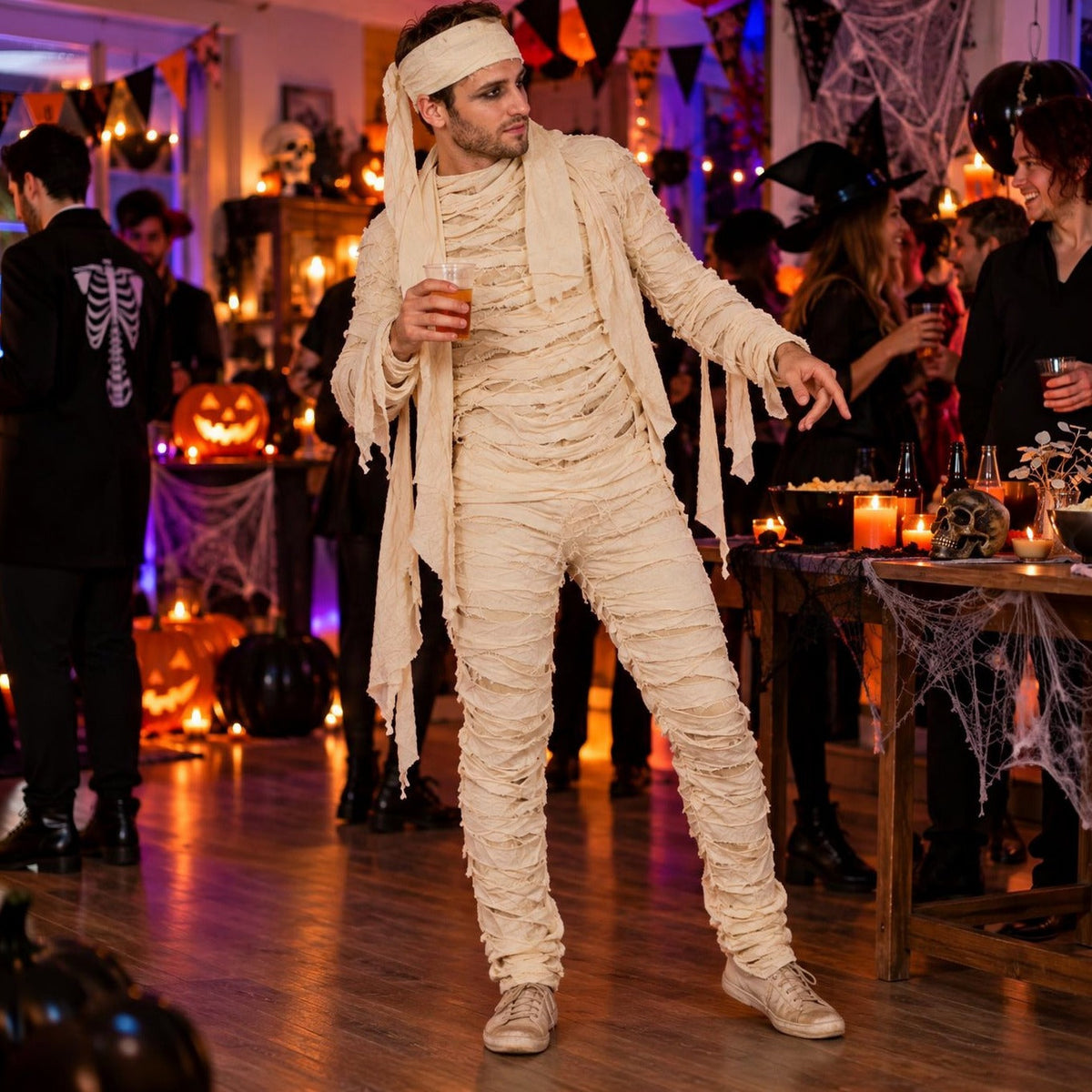 Mummie Kostuum Heren | Jumpsuit | Rafelige Stroken | Hoofdband