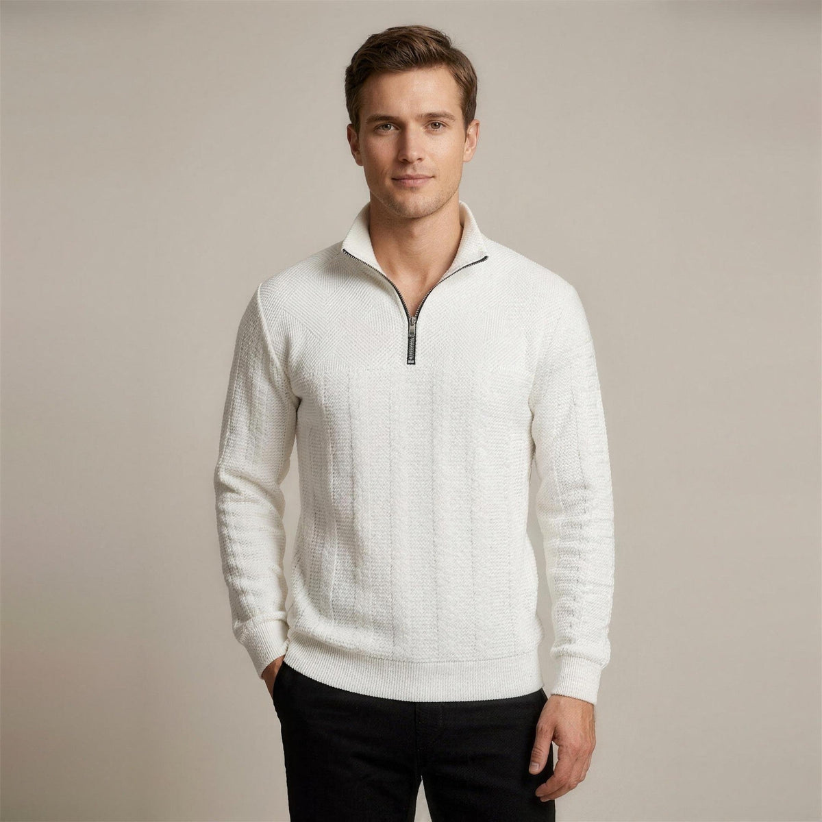 Relaxed Fit Trui met Rits Heren | Kabelpatroon | Opstaande Kraag