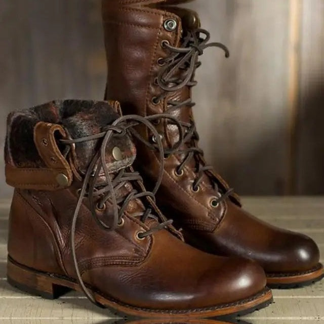 Gevoerde Veterboots Dames | Leer | Winterlaarzen | Bruin