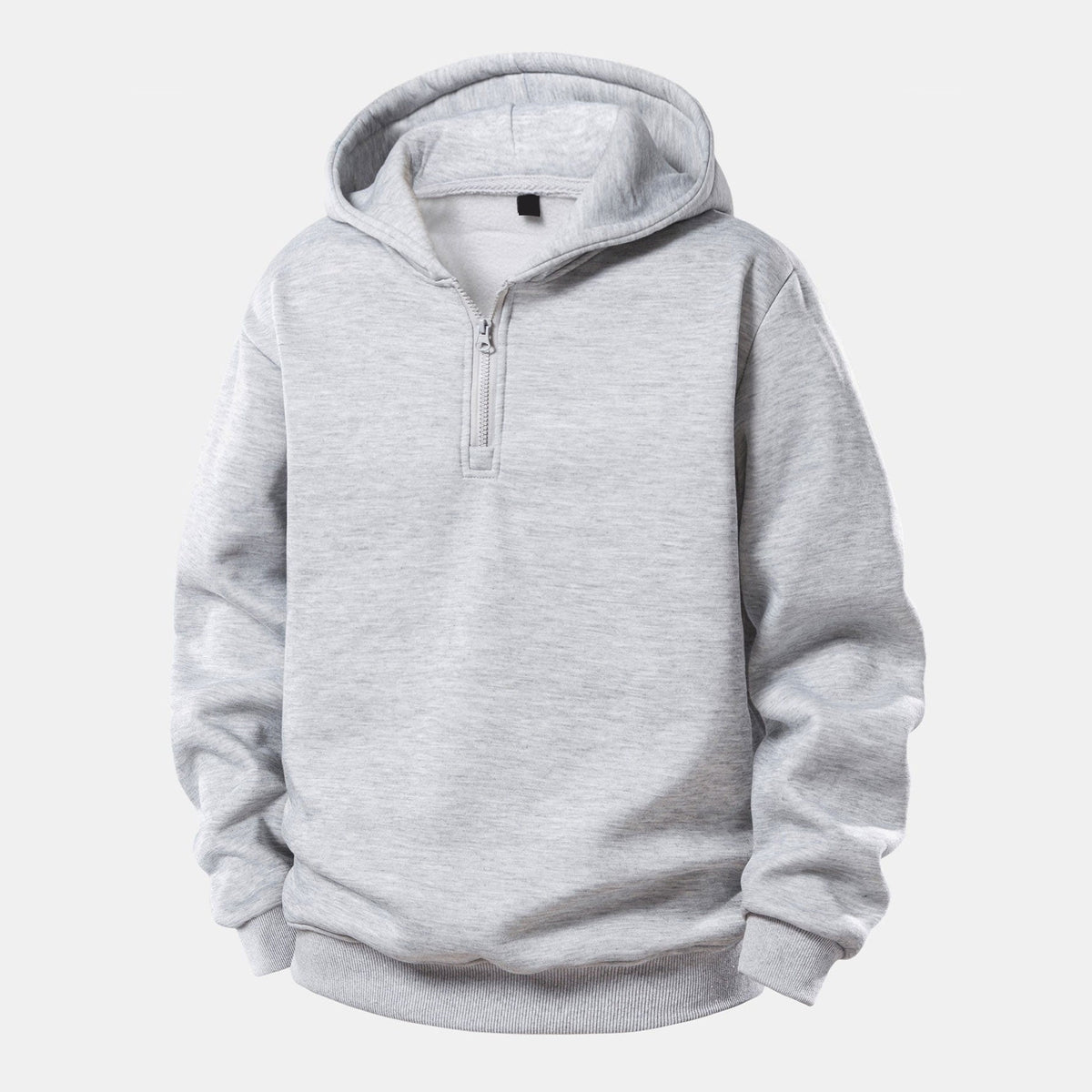 Grijze halfzip hoodie met capuchon, los liggend tegen lichte achtergrond | Boutique Moda