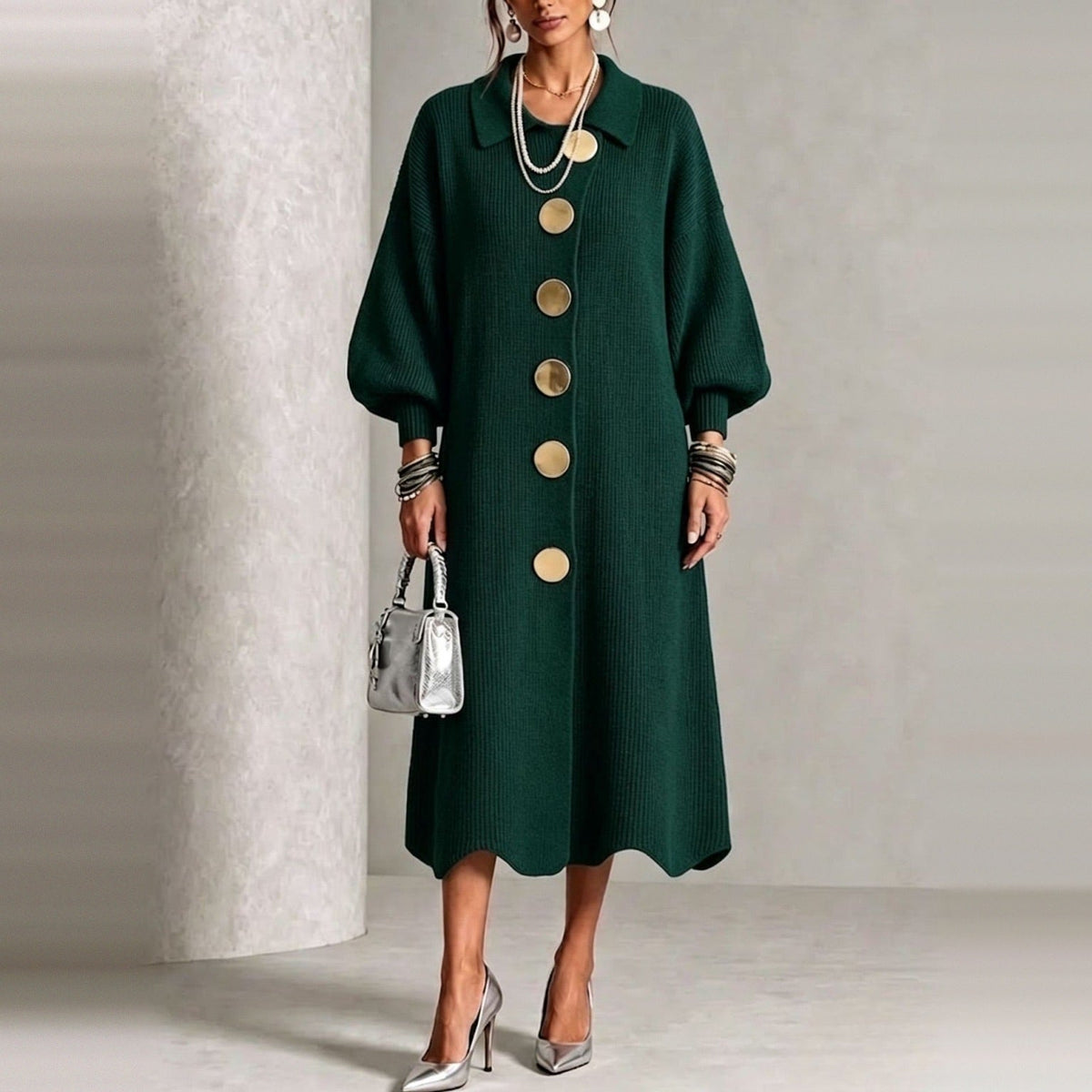 Gebreide Jurk Dames met Knopen | Ballonmouwen | Golvende Zoom | 7 Kleuren