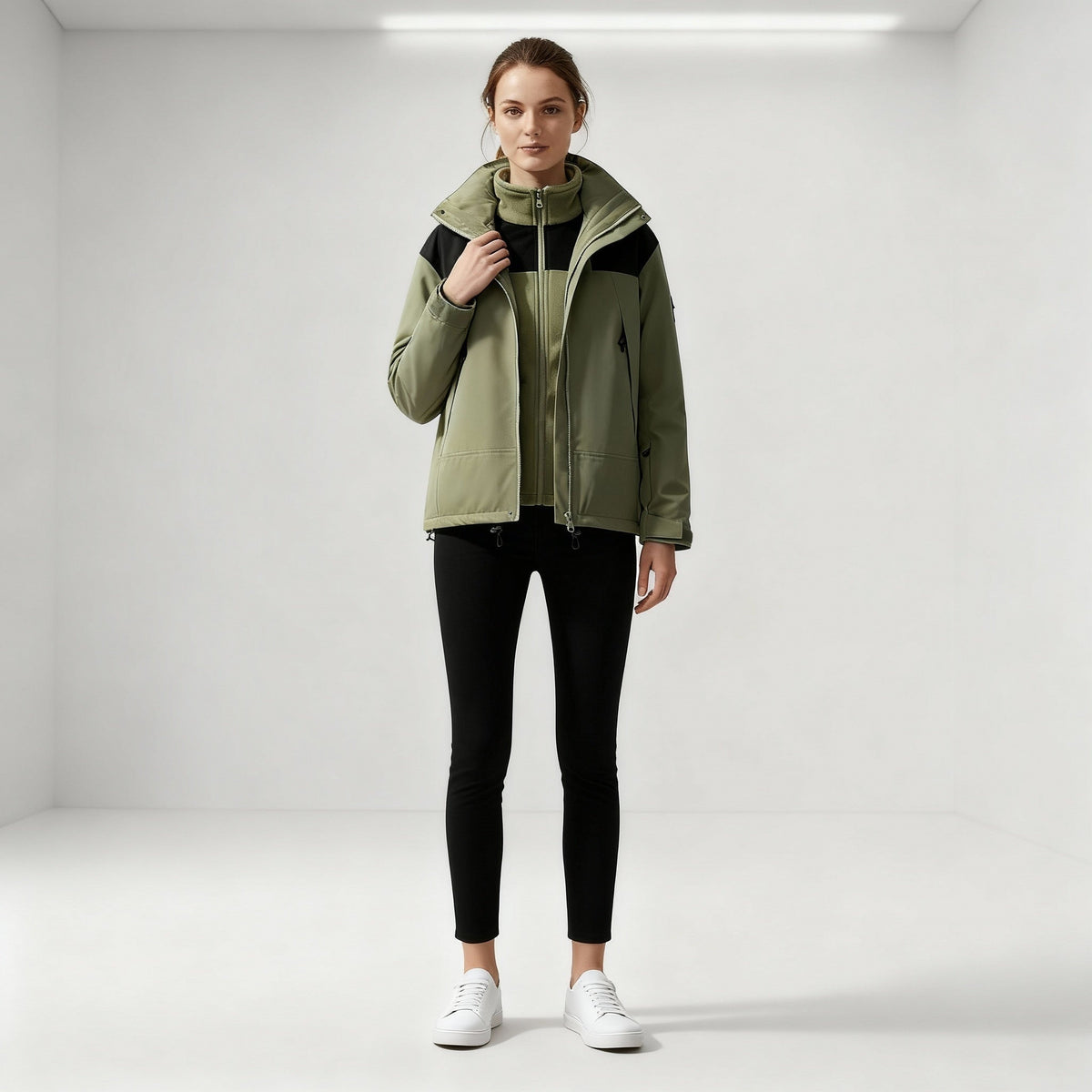 Groene winterjas met capuchon, gedragen door vrouw, zwarte legging | Boutique Moda