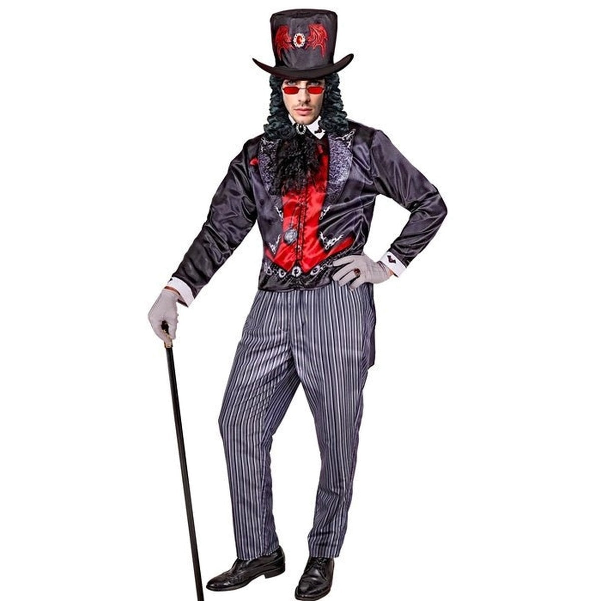 Gothic Vampier Kostuum | Slipjas | Krijtstreepbroek | Hoge Hoed | Jabot