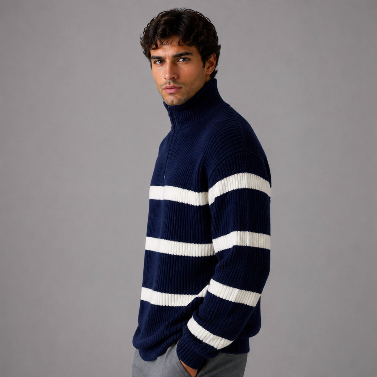 Gestreepte Trui met Rits Heren | Ribgebreid | Oversized | Opstaande Kraag