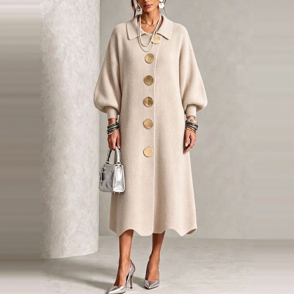 Gebreide Jurk Dames met Knopen | Ballonmouwen | Golvende Zoom | 7 Kleuren
