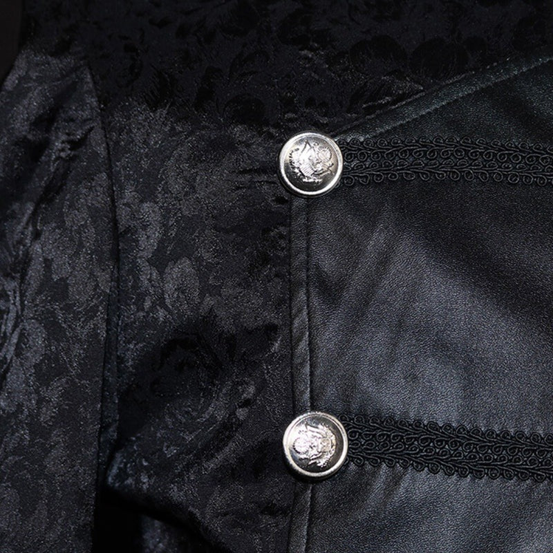 Close-up van zwarte jacquard stof met zilveren knopen en kant detail | Boutique Moda