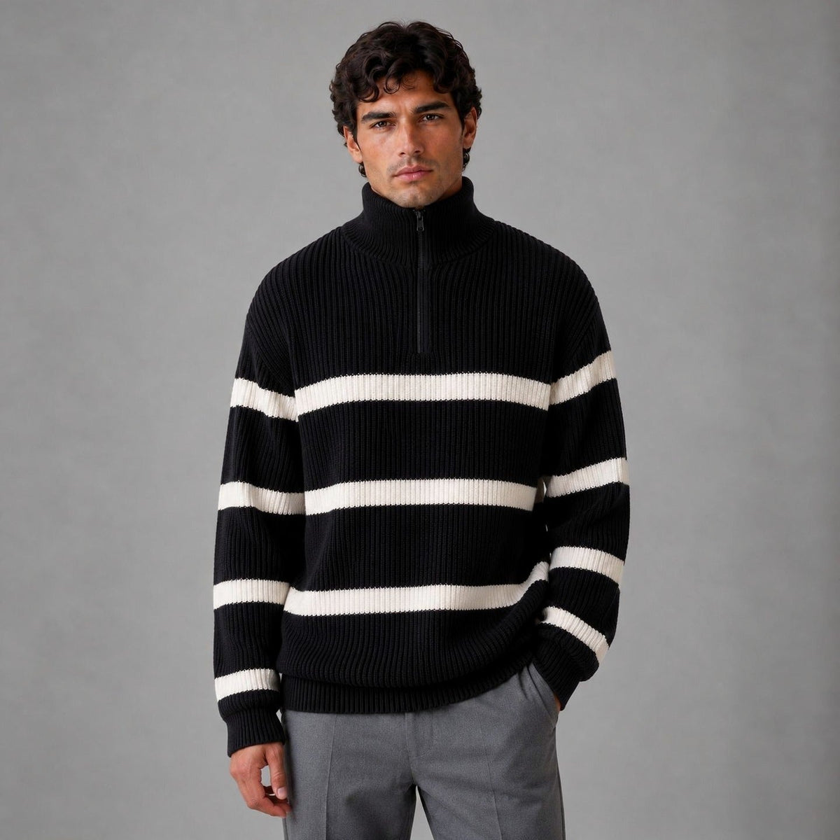 Gestreepte Trui met Rits Heren | Ribgebreid | Oversized | Opstaande Kraag