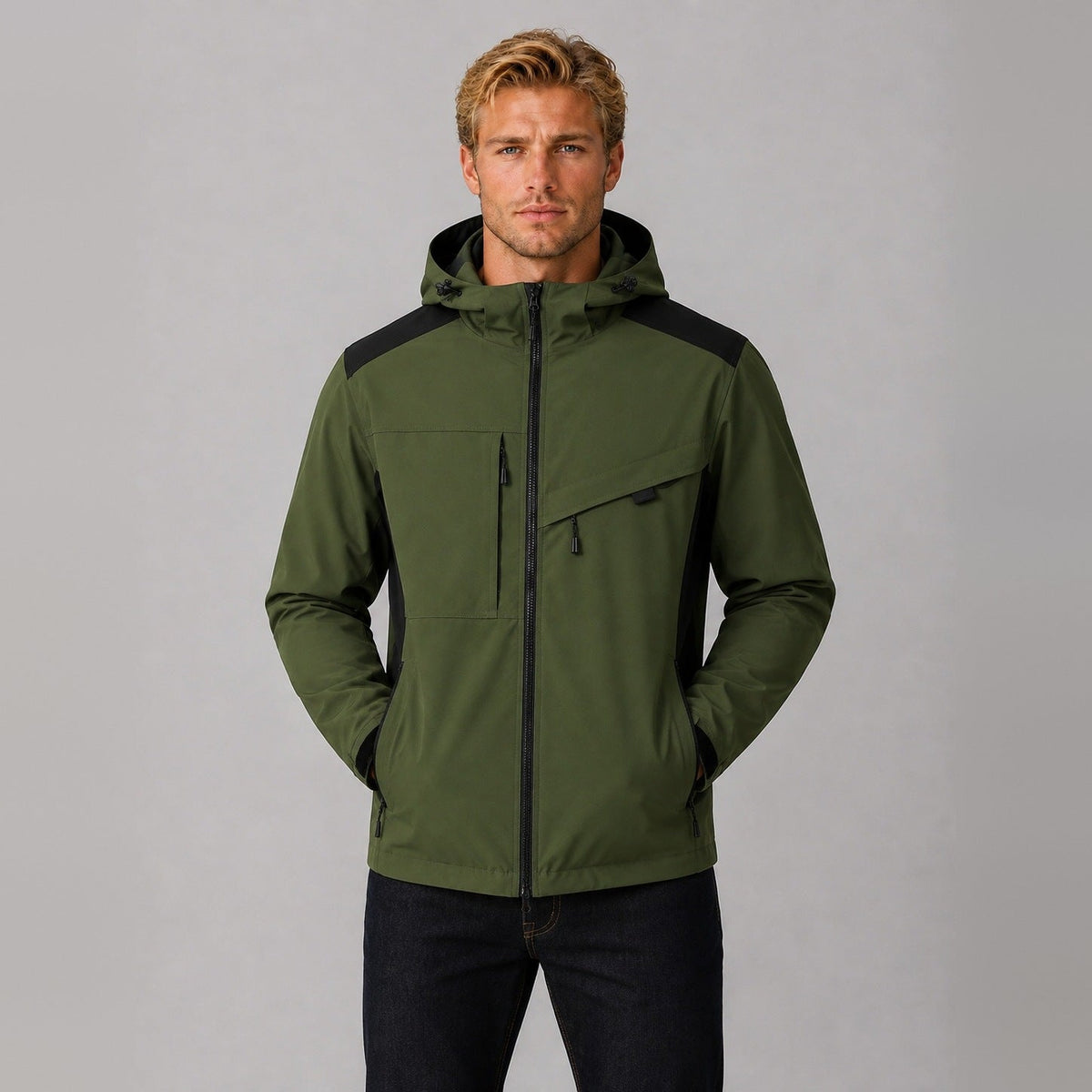 Groene outdoorjas met capuchon en ritszakken, gedragen door man | Boutique Moda