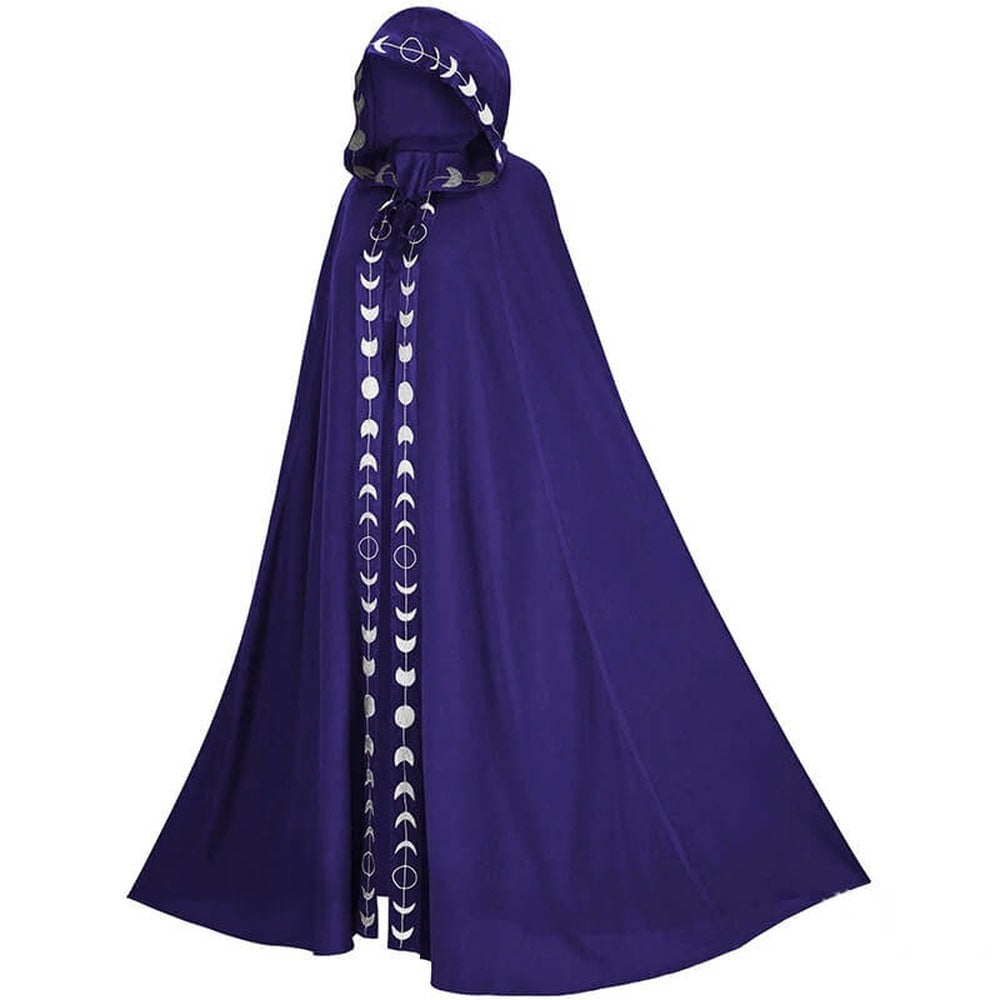 Paarse cape met capuchon, maanfase-patroon, staand model zijaanzicht | Boutique Moda