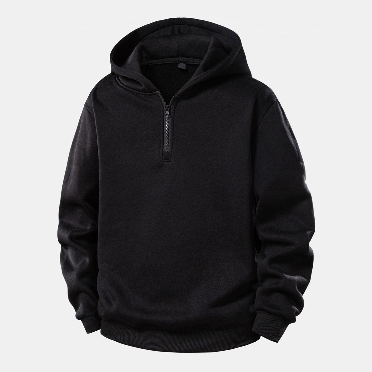 Zwarte hoodie met halfzip en capuchon, platweergave zonder model | Boutique Moda
