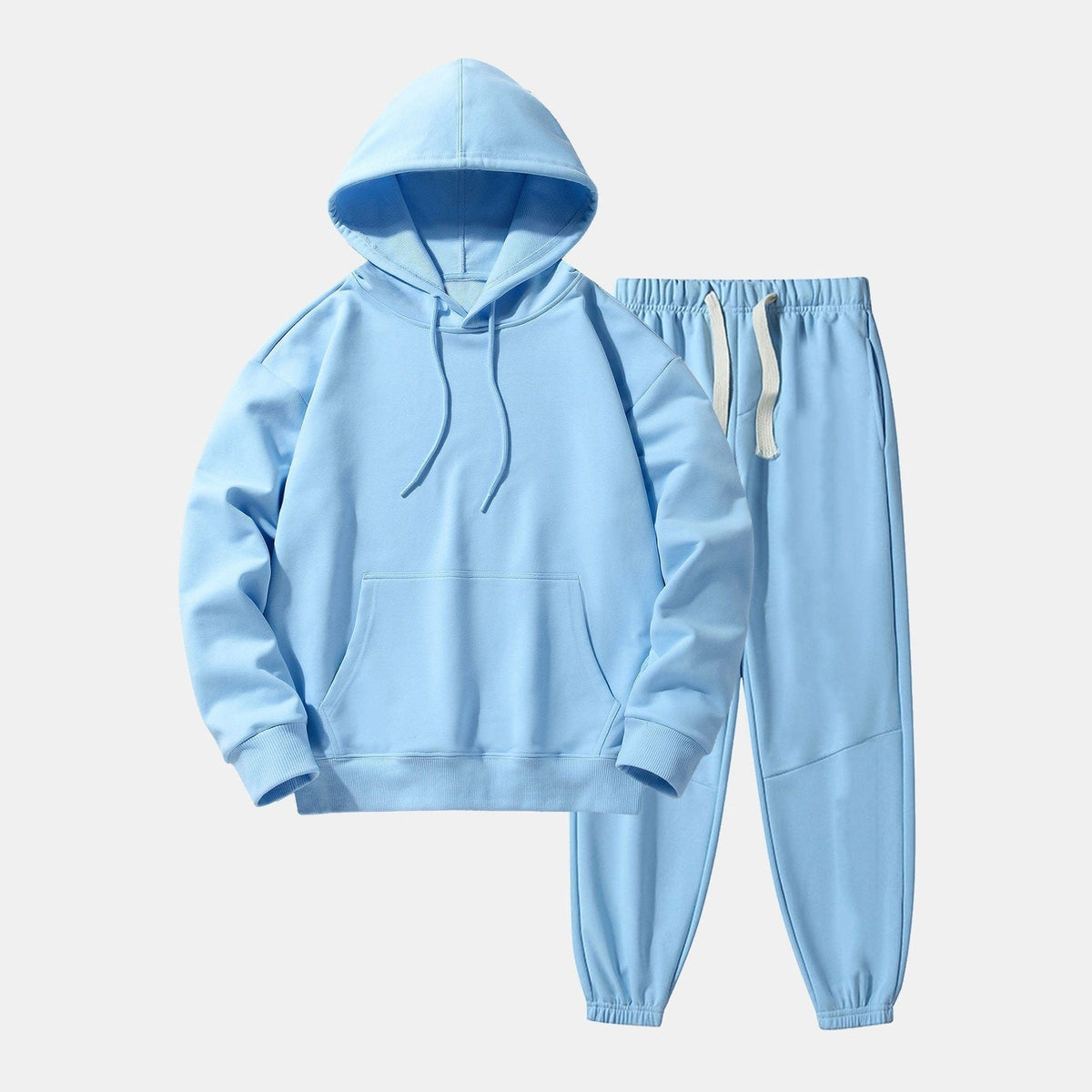 Lichtblauwe hoodie met joggingbroek, effen kleur, platliggend gefotografeerd | Boutique Moda