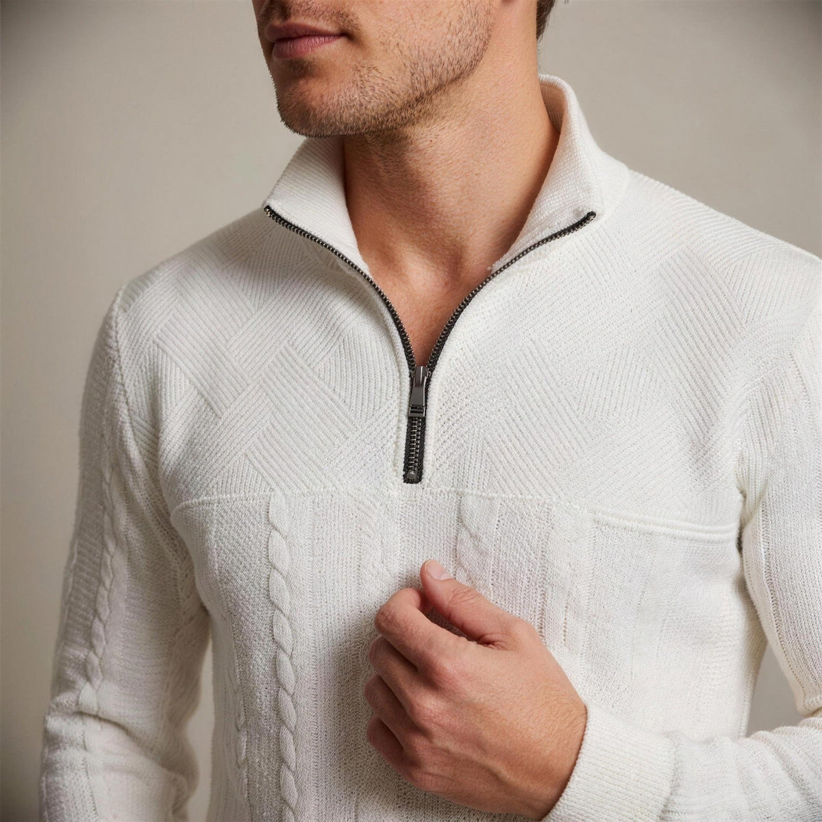 Relaxed Fit Trui met Rits Heren | Kabelpatroon | Opstaande Kraag
