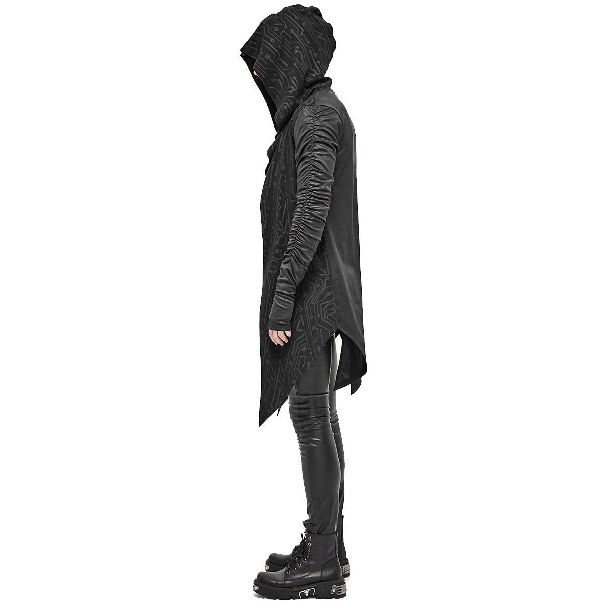 Lang zwart gothic vest met capuchon, gedragen door model, zijaanzicht | Boutique Moda