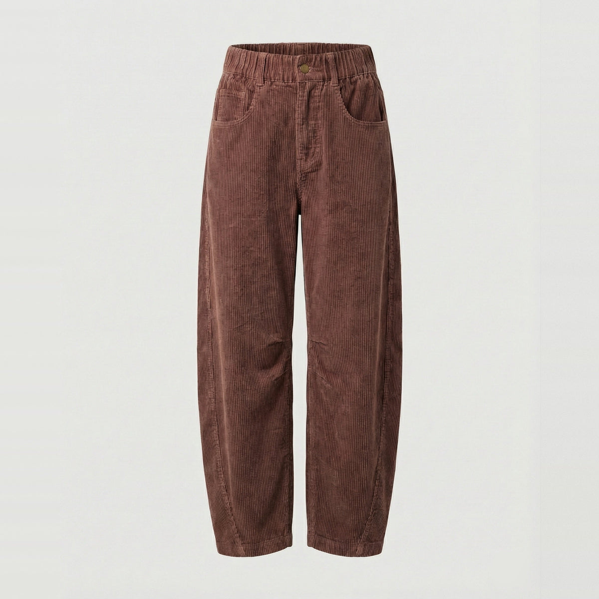 Bruine corduroy broek met hoge taille, los model, vrijstaand getoond | Boutique Moda