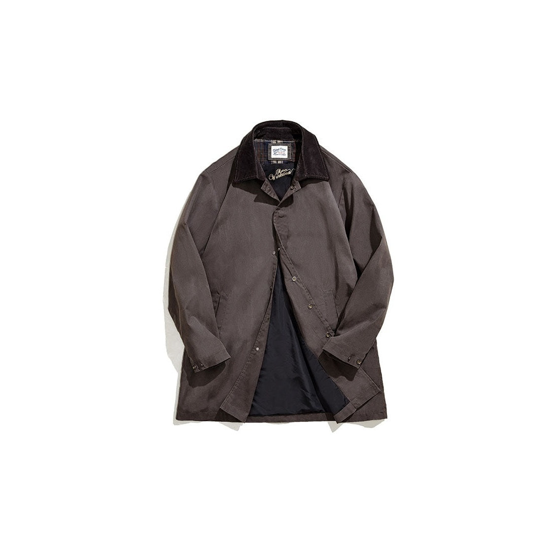 Bruine jas met corduroy kraag, plat liggend getoond | Boutique Moda