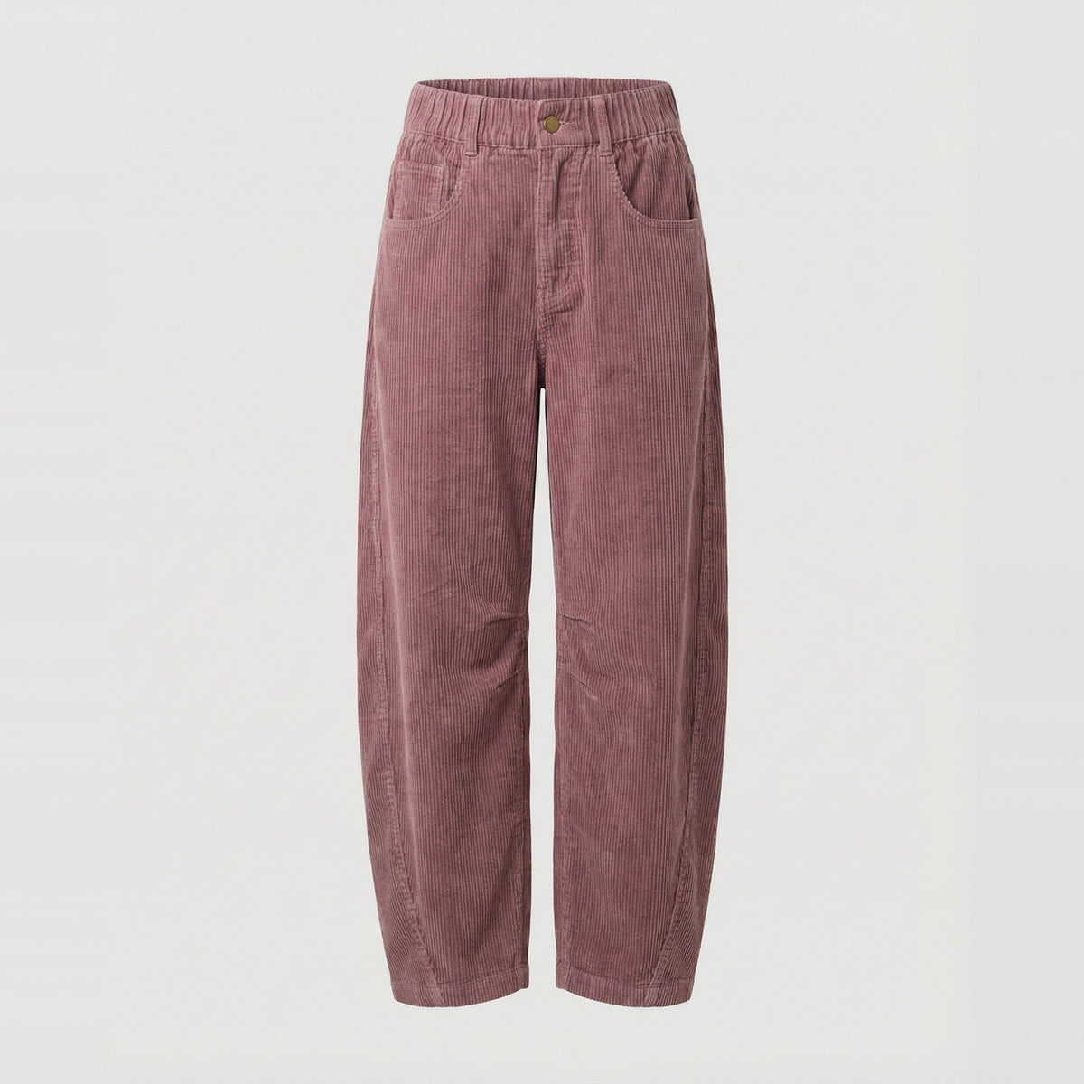 Roze corduroy wijde broek met hoge taille, uitgestald op effen achtergrond | Boutique Moda