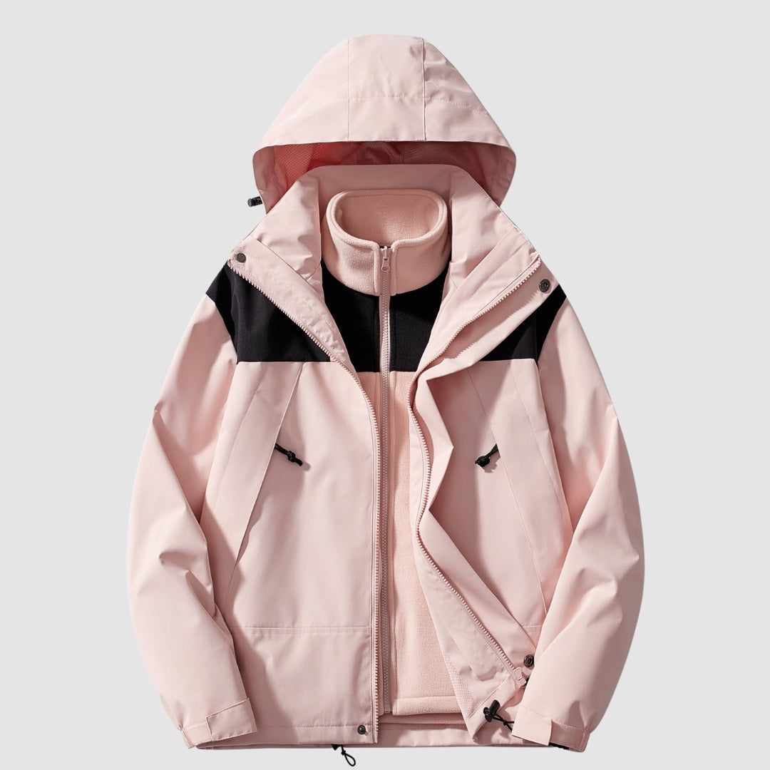 Roze 3-in-1 winterjas met capuchon en afneembaar fleecevest, uitgestald | Boutique Moda