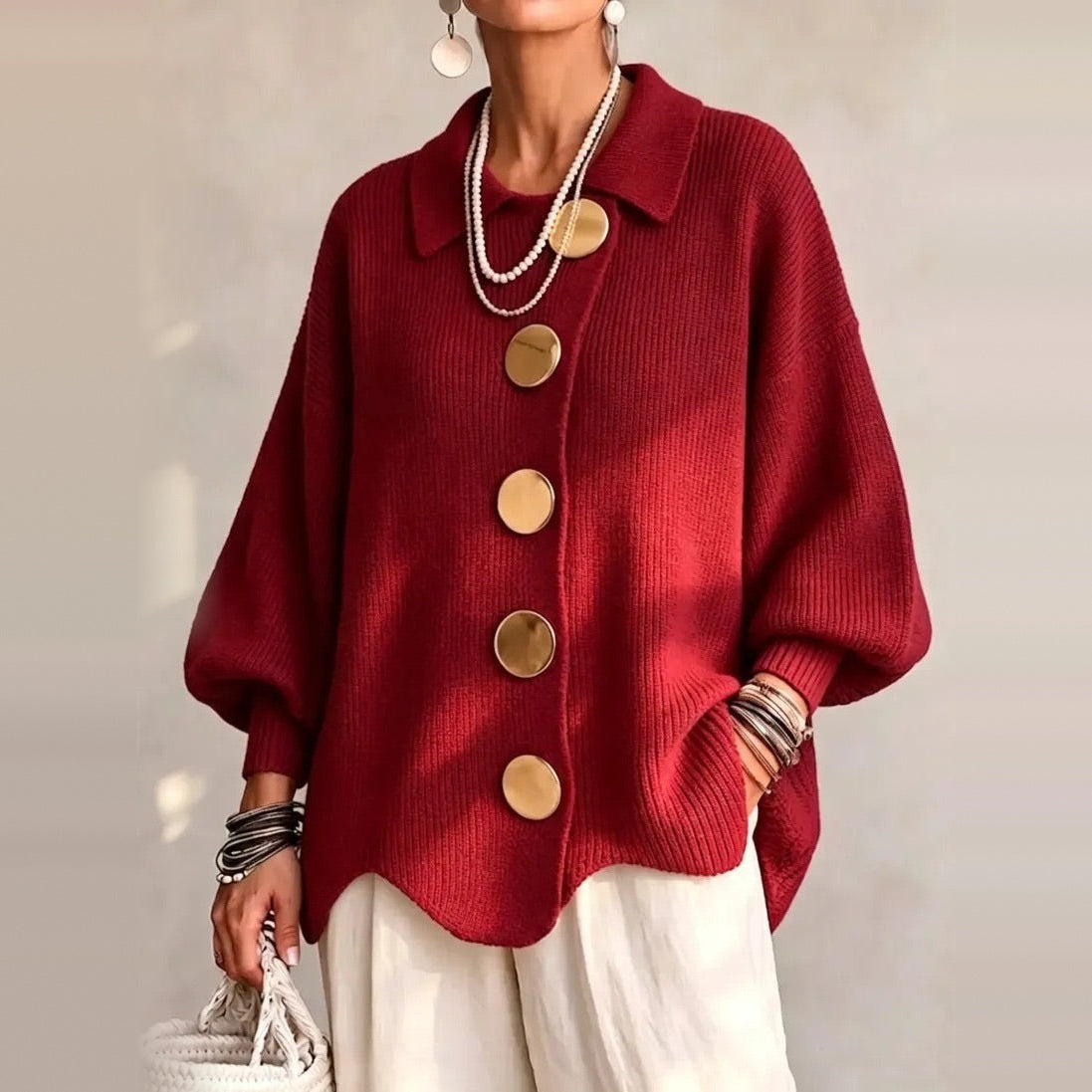 Rode oversized vest met kraag en goudkleurige knopen, gedragen door model | Boutique Moda