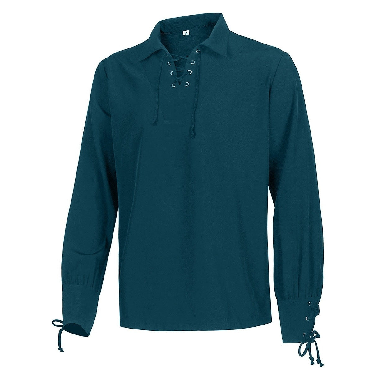 Middeleeuws overhemd heren petrolblauw met vetersluiting, uitgestald zonder mannequin | Boutique Moda