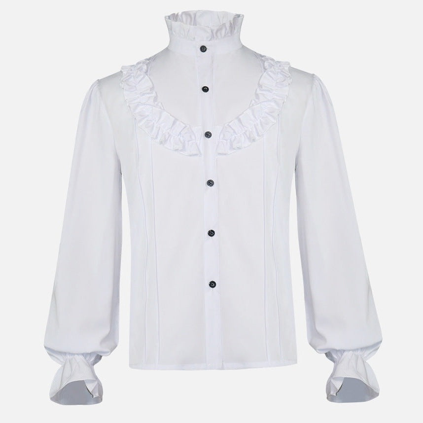 Wit overhemd met ruches, hoge kraag en lange mouwen, plat uitgestald | Boutique Moda