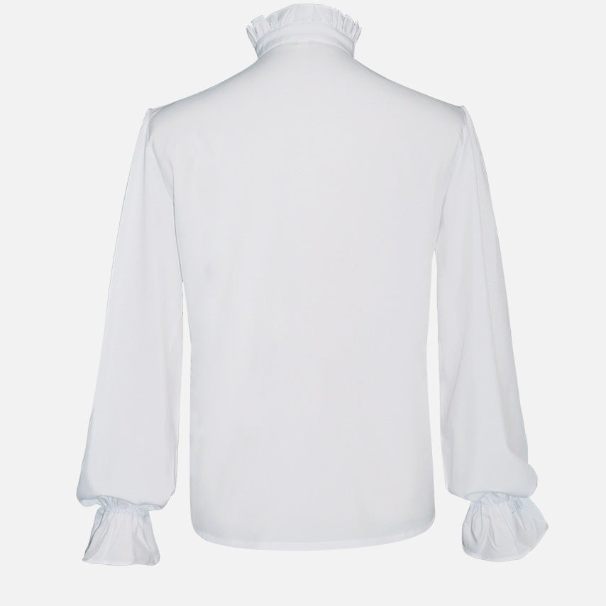 Wit overhemd met ruches bij kraag en manchetten, achteraanzicht | Boutique Moda