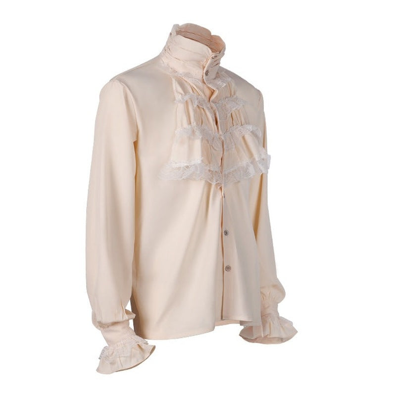 Crème kleurig ruche overhemd met jabot, getoond op paspop zijaanzicht | Boutique Moda