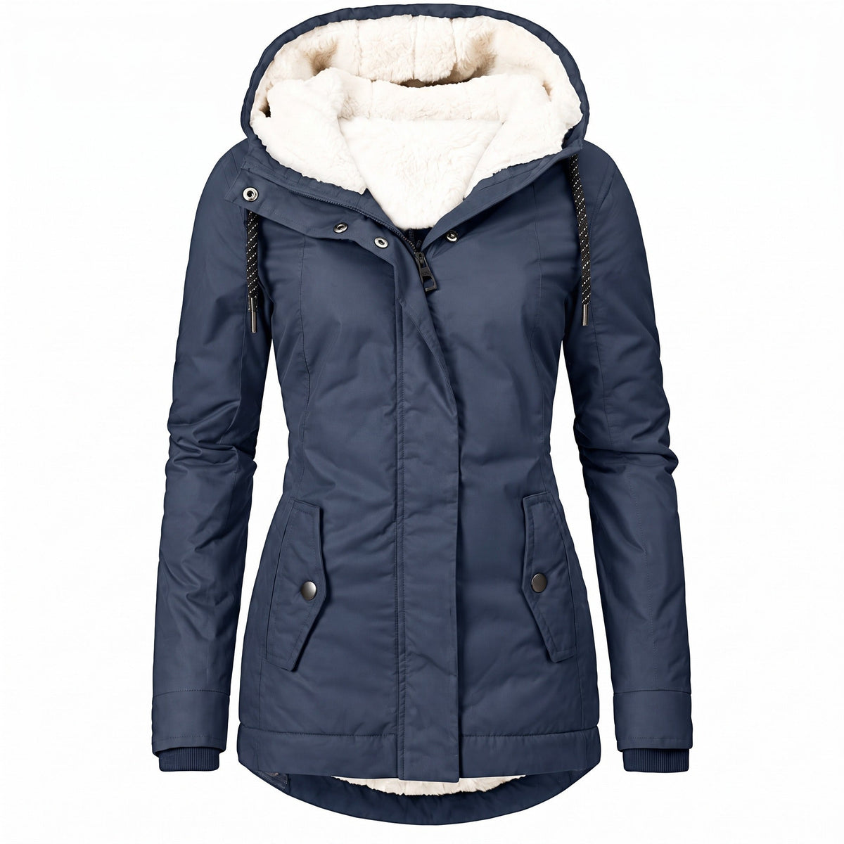 Donkerblauwe winterjas met capuchon en teddyvoering, gedragen door een persoon | Boutique Moda