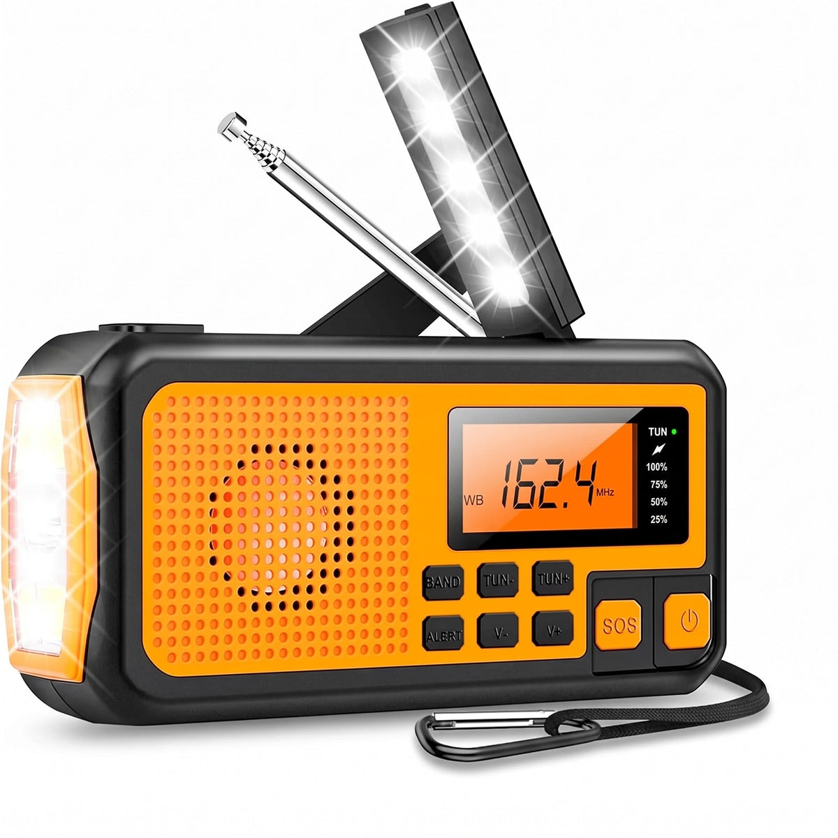 Oranje zwarte noodradio met zonnepaneel, zaklamp en antenne vrijstaand | Boutique Moda