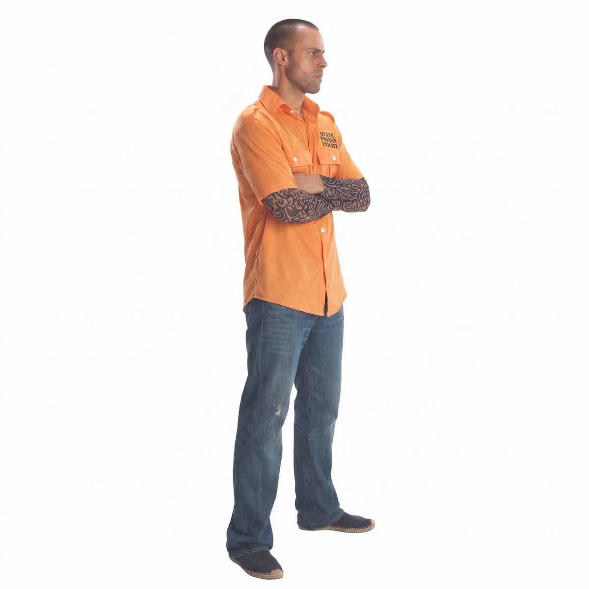 Gevangene Kostuum Heren | Oranje Shirt | Tattoo Mouwen