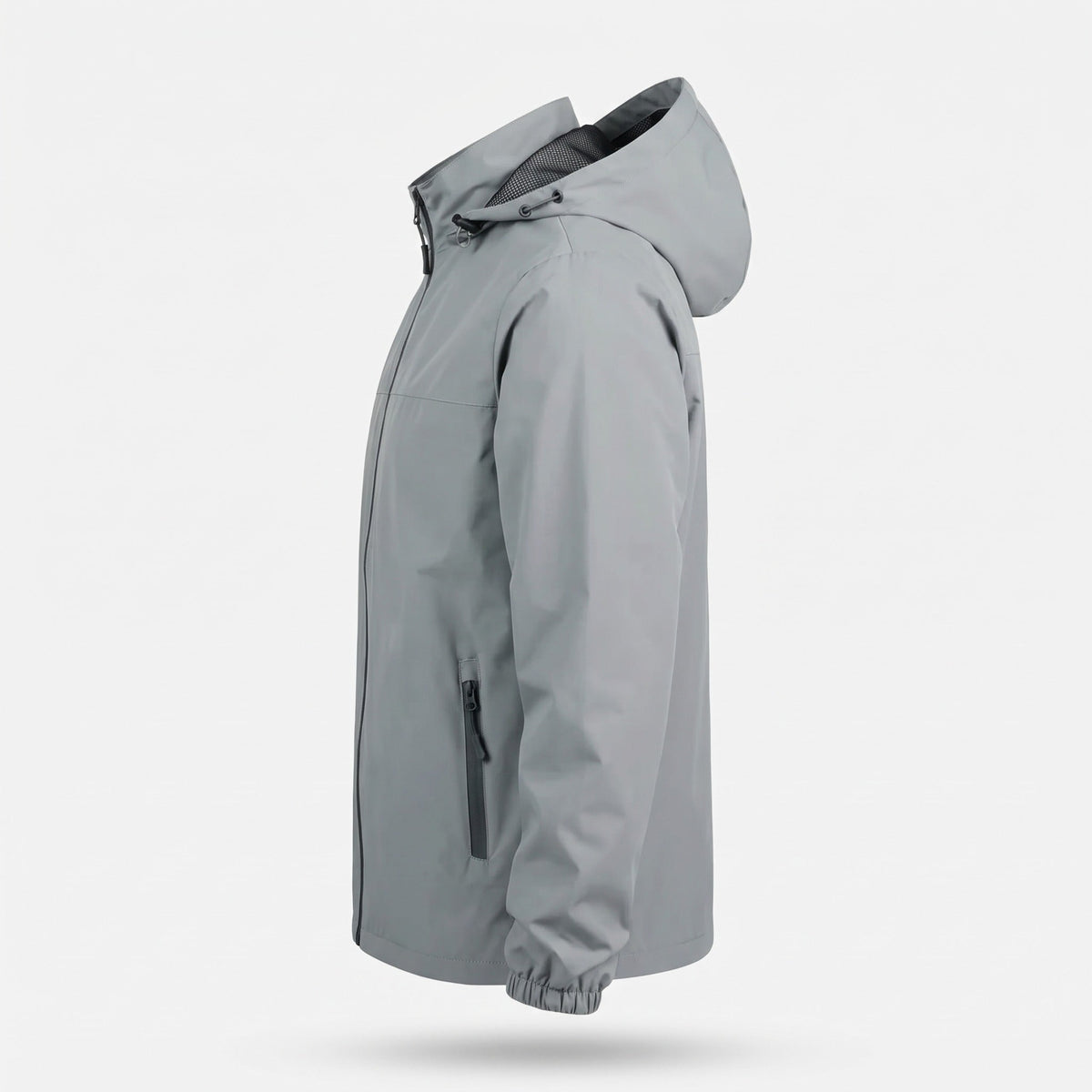 Grijze windbreaker jas met capuchon, zijaanzicht op onzichtbare mannequin | Boutique Moda